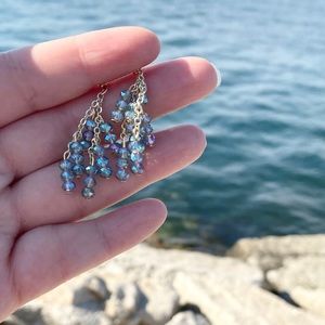 Blue Crystal Dangle Drop Earrings, Gold Plated. Hand Made at Cornerstone Jewels